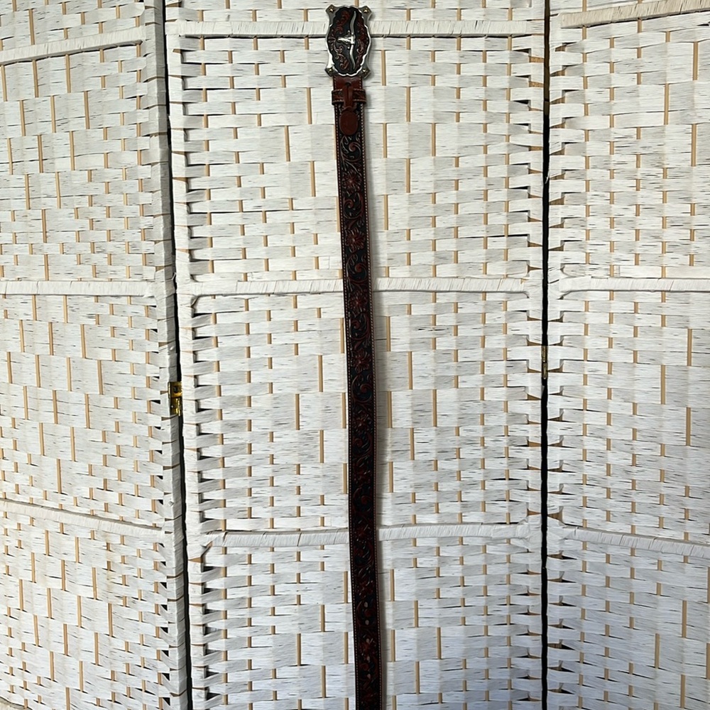 Hand tooled leather cowboy or rodeo belt